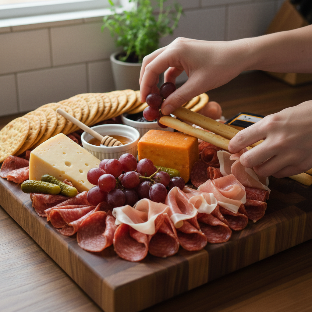 Step 5 — fan crackers and breadsticks around the edges of the charcuterie board