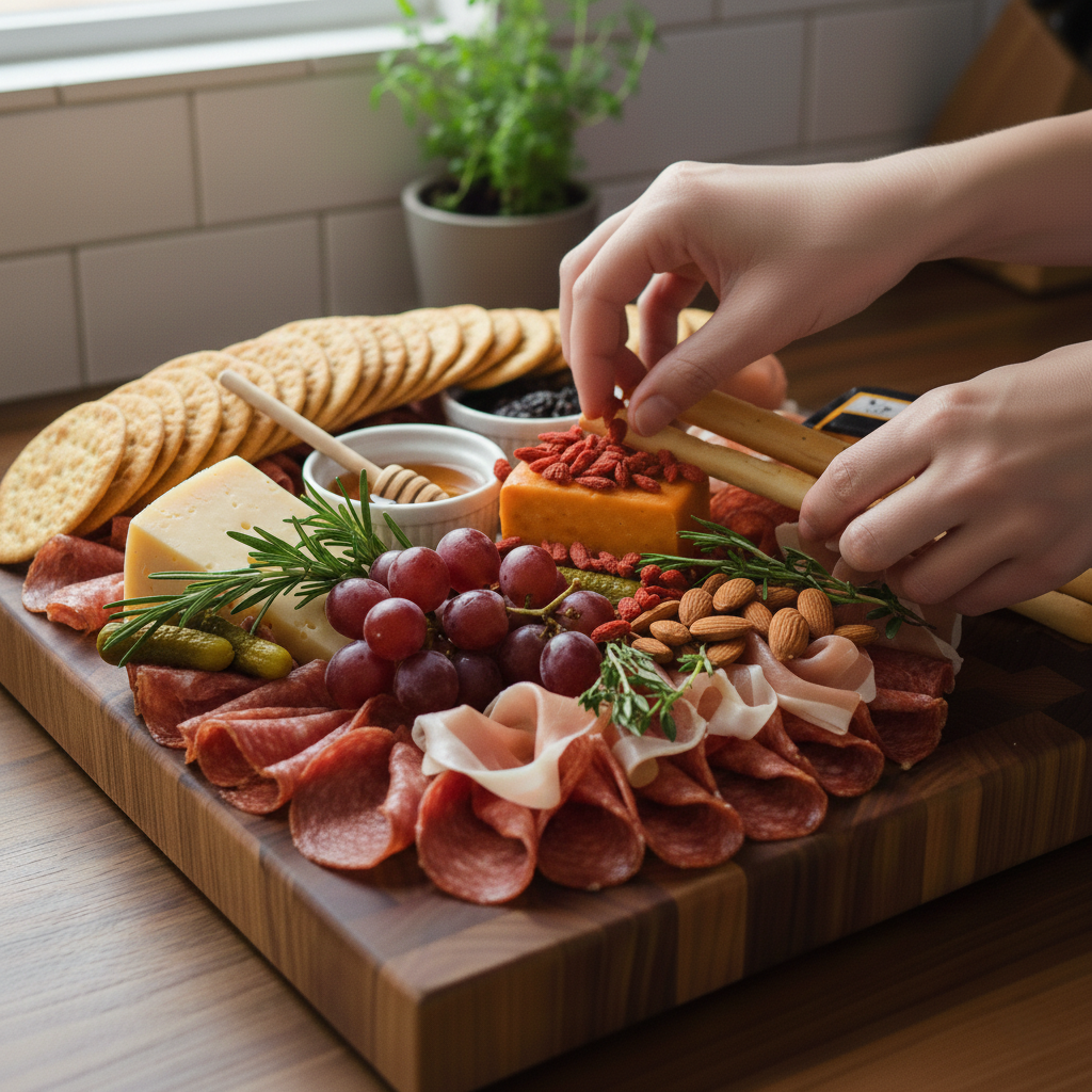 Step 6 — finish the board with nuts, dried berries, and a fresh rosemary sprig