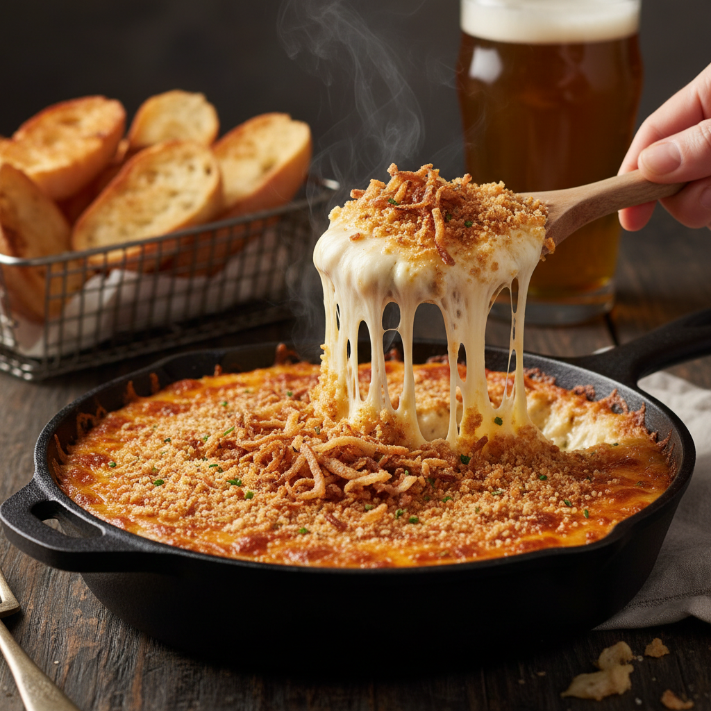 Yancey's Fancy warm steakhouse artisan cheese dip in a cast iron skillet with crusty bread for dipping