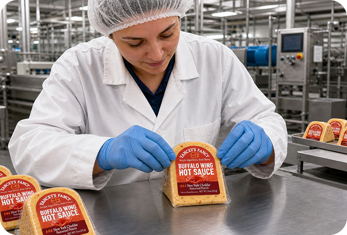 Wheels of aged artisan cheese stacked on shelves