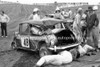 74430 - Russell Mills, Rolls his Morris Mini and is thrown from the car & trapped underneath. His seat belt snaped. Oran Park 3rd February 1974 - Photographer Lance J Ruting