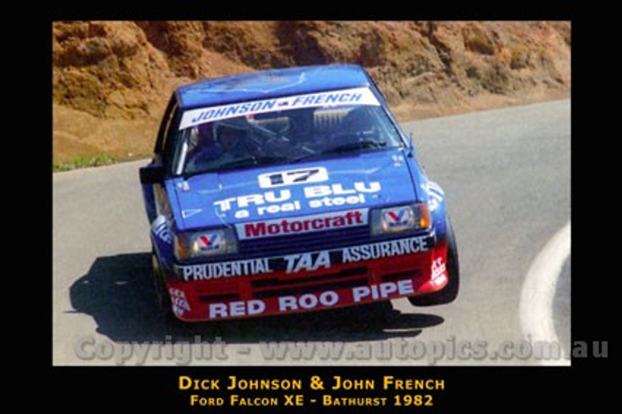 Dick Johnson / J. French  - Ford Falcon XE - Bathurst 1982 - Photographer Lance J Ruting - Printed with a black border and a caption describing the photo.