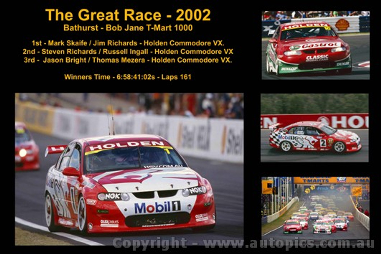 The Great Race 2002 - A collage of 4 photos showing the first three place getters from  Bathurst 2002 with winners time and laps completed.