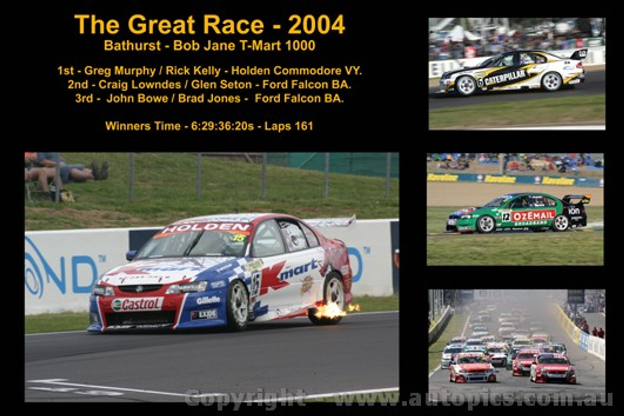 The Great Race 2004 - A collage of 4 photos showing the first three place getters from  Bathurst 2004 with winners time and laps completed.