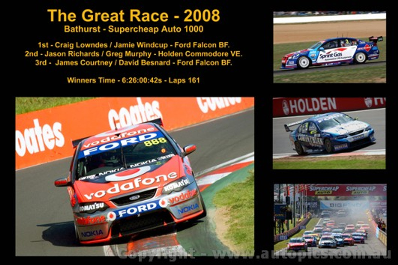 The Great Race 2008 - A collage of 4 photos showing the first three place getters from  Bathurst 2008 with winners time and laps completed.