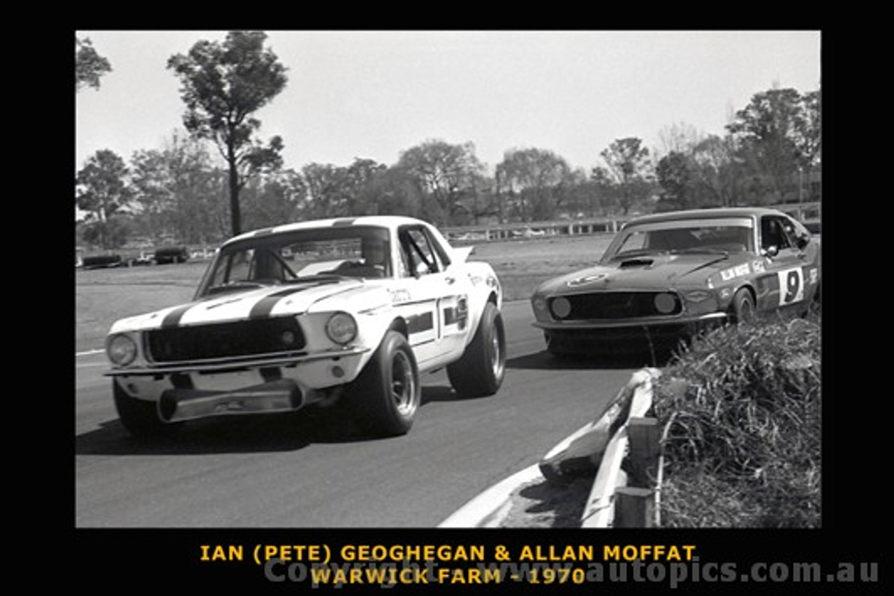 Pete  Geoghegan & Allan Moffat  -  Warwick Farm 1970 - Photographer David Blanch - Printed with a black border and a caption describing the photo.