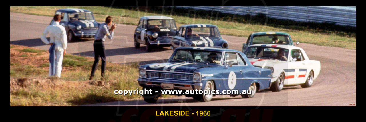 1966 Lakeside  - Norm Beechey, Nova also Ian Geoghegan, Mustang also Bryan Thomson, Mustang also Jim McKeown, Cortina, also Brian Foley, Morris Cooper S & Peter Manton, Morris Cooper S -  Lakeside International Raceway, 1966