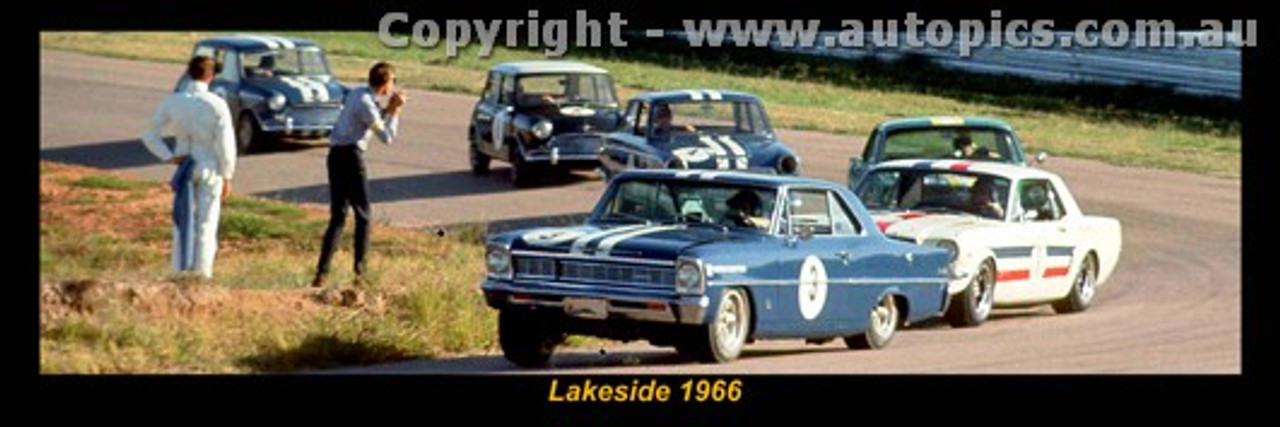 1966 Lakeside  - Beechey Nova, Geoghegan, Thomson Mustang, McKeown Cortina, Foley & Manton Morris Cooper S - A Panoramic Photo 30x10inches.