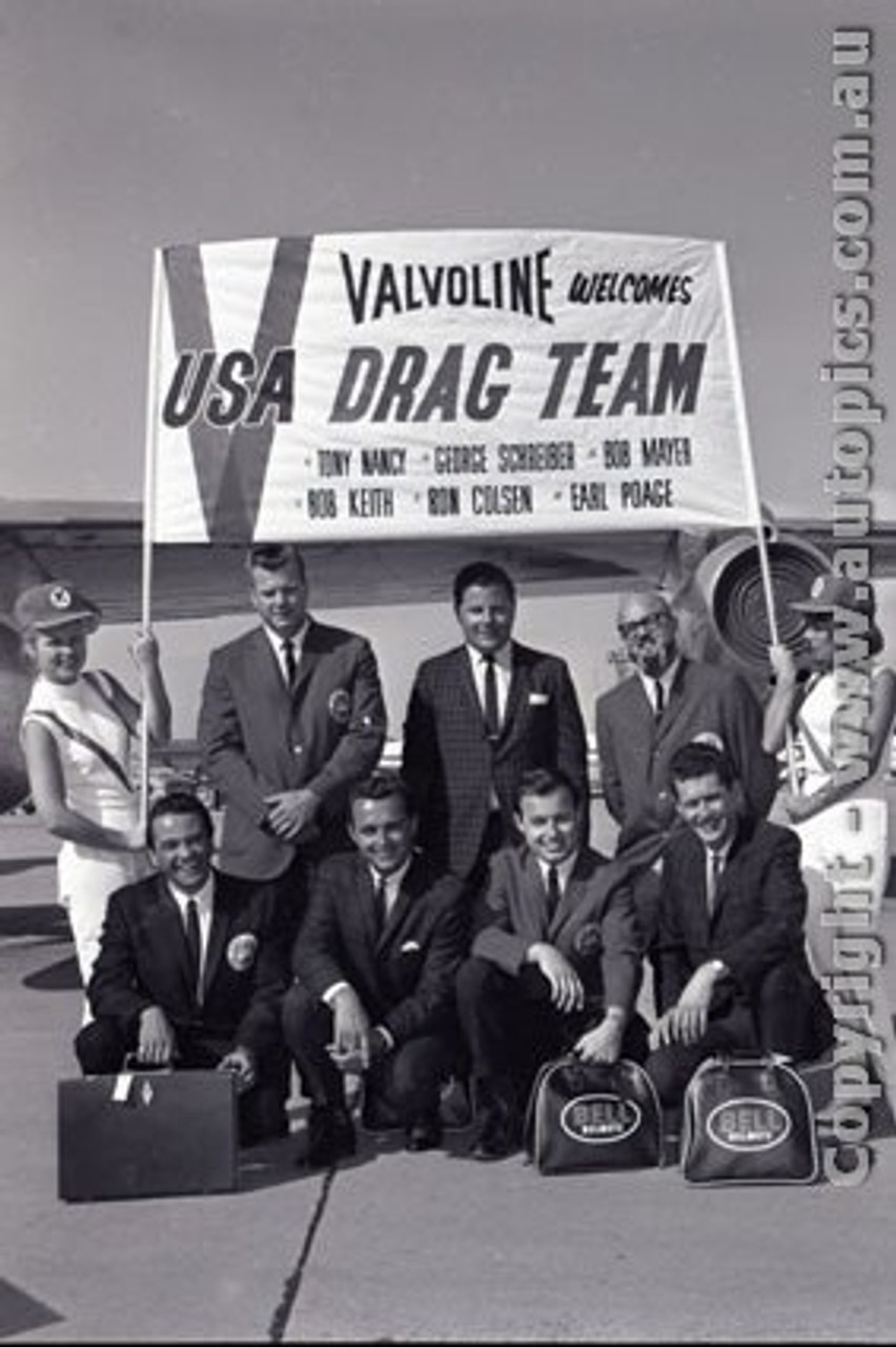 66921 - The USA Drag Team arriving at Sydney Airport 1966 - T. Nancy, B. Mayer, B. Keith, R. Colsen, E. Poage, G. Schreiber & E. Roth - Photographer Lance J Ruting