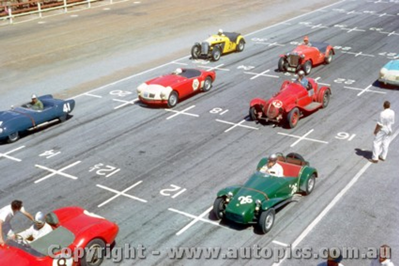 62425 -The grid for the sports car race - Jeff Dunkerton Lotus 7  -  Caversham  1962 - Photographer Laurie Johnson