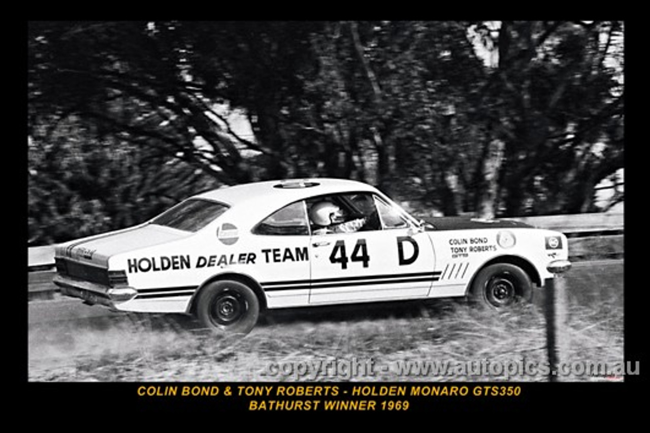 Colin Bond & Tony Roberts, Holden Monaro GTS350 - Bathurst Winner 1969 - Printed with a black border and a caption describing the photo.