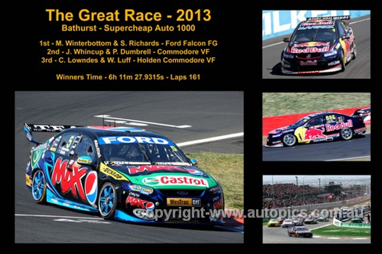 644 - The Great Race 2013 - A collage of 4 photos showing the first three place getters from  Bathurst 2011 with winners time and laps completed.