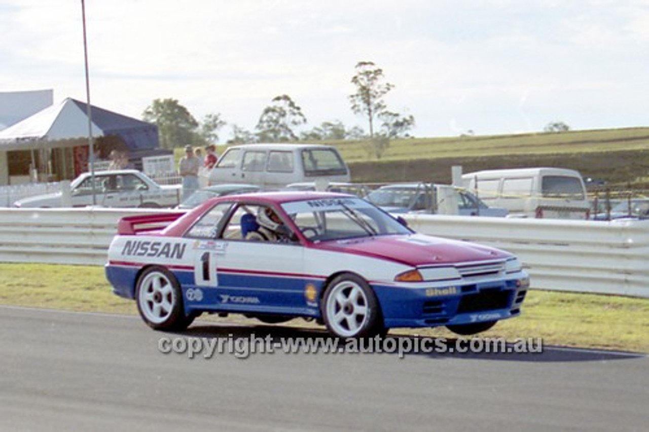 91029 - Jim Richards,  Nissan GTR  On two wheeles at Lakeside  1991 - Photographer Marshall Cass