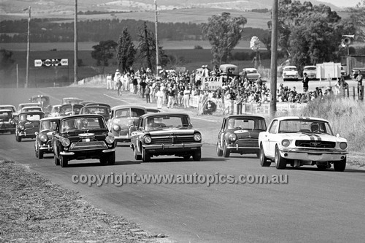 65085 - Start of the Touring Car Race - Jane, Mustang / Muir, Holden S4 / Ian Geoghegan, Lotus Cortina & Foley, Morris Cooper S - 14th April 1965 - Bathurst