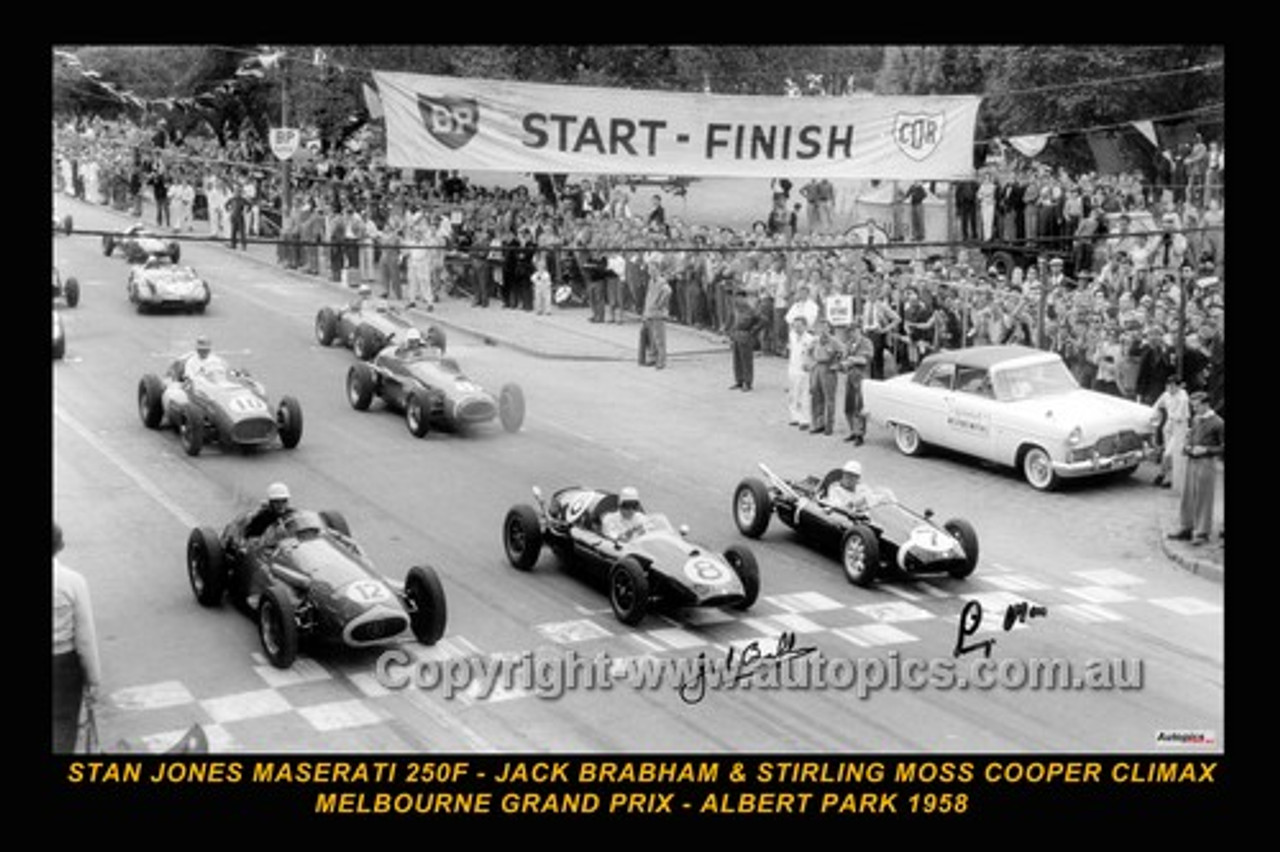 58501-2 - Start of the 1958 Melbourne GP Albert Park - Front Row Moss - Cooper / Brabham - Cooper / Jones - Maserati - Printed with a black border and a caption discribing the photo. Copy of an original photo signed by both