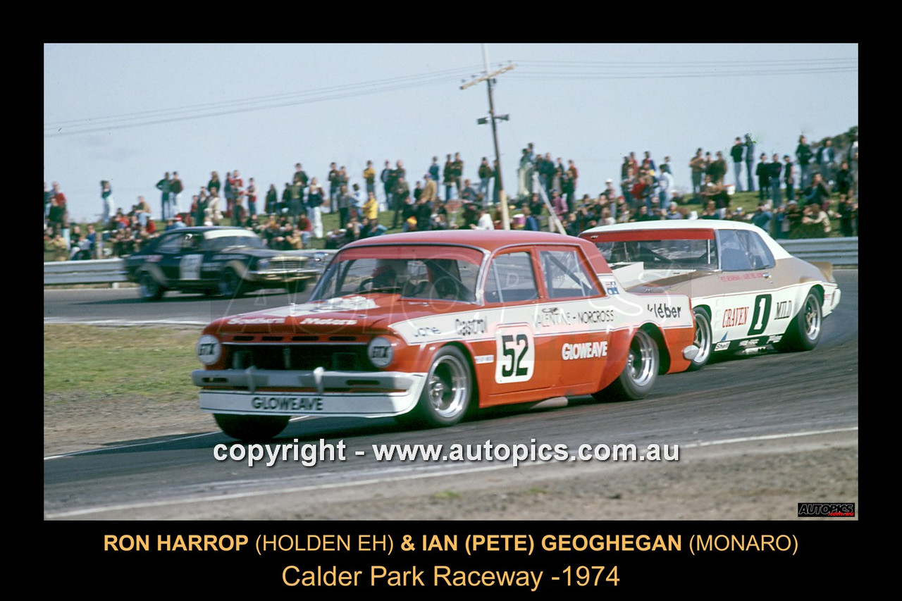 74151-1 - Ron Harrop, Holden EH & Ian (Pete) Geoghegan, Monaro - Calder Park Raceway, 1974 - Photographer Peter D'Abbs