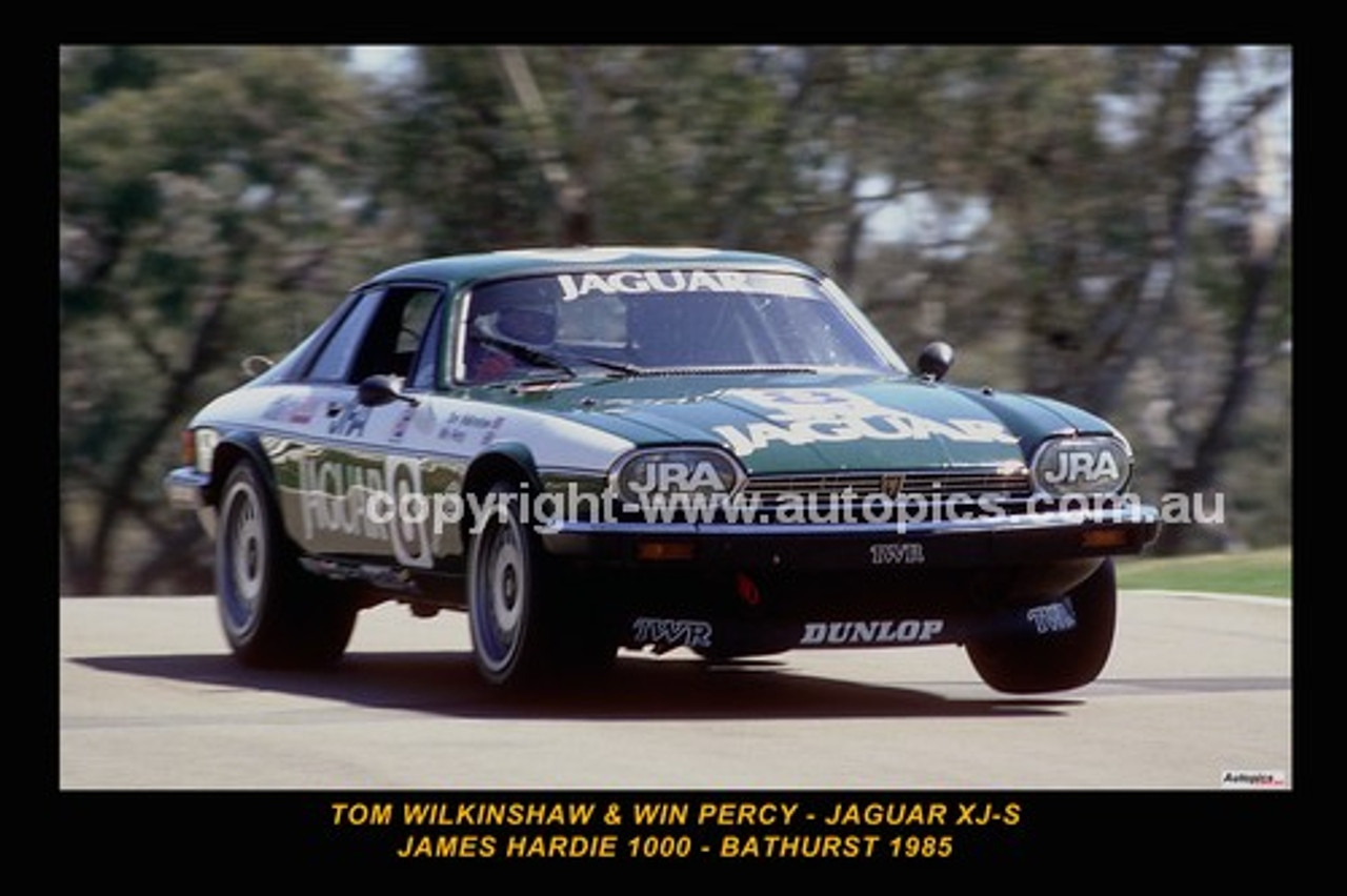 85737-1 - Tim Wilkinshaw / Win Percy - Jaguar XJ-S - Bathurst 1985 - Printed with a black border and a caption discribing the photo.