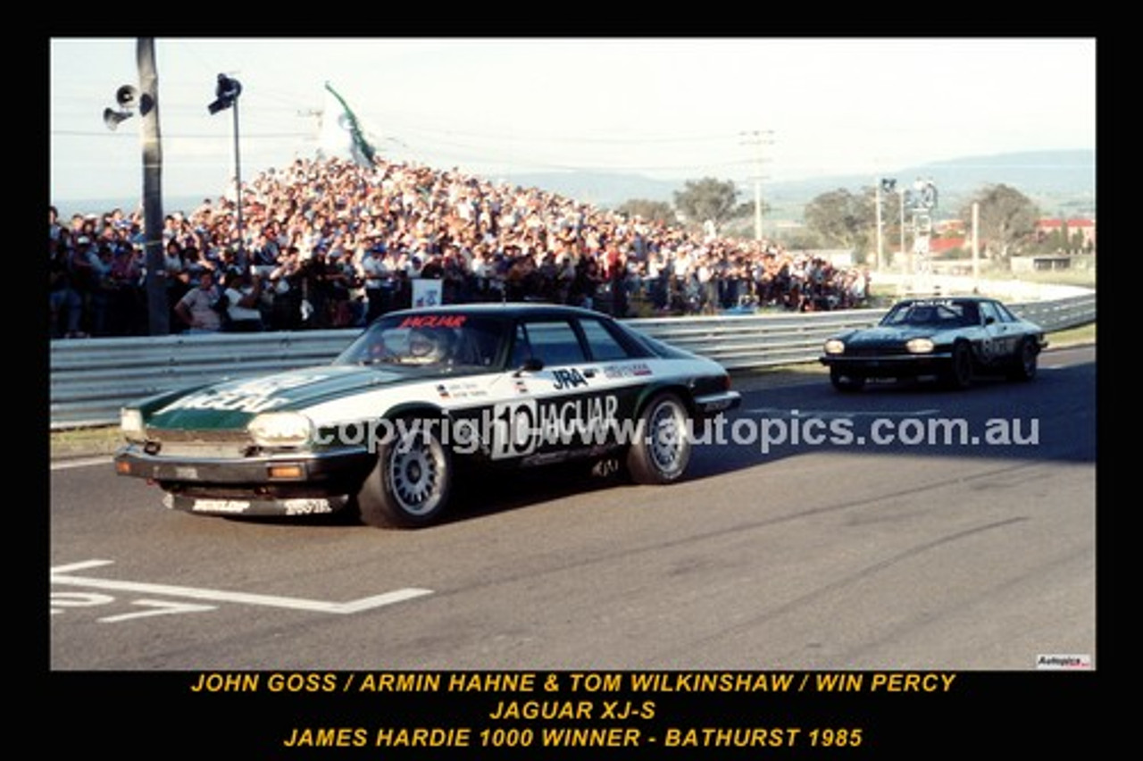 85725-1 - John Goss / Armin Hahne & Tim Wilkinshaw / Win Percy - Jaguar XJ-S - Bathurst 1985 - Printed with a black border and a caption discribing the photo.