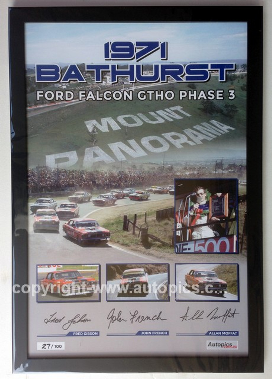 180 - Falcon XY GTHO Poster - Bathurst 1971 - Personally Signed By Allan Moffat, John French & Fred Gibson