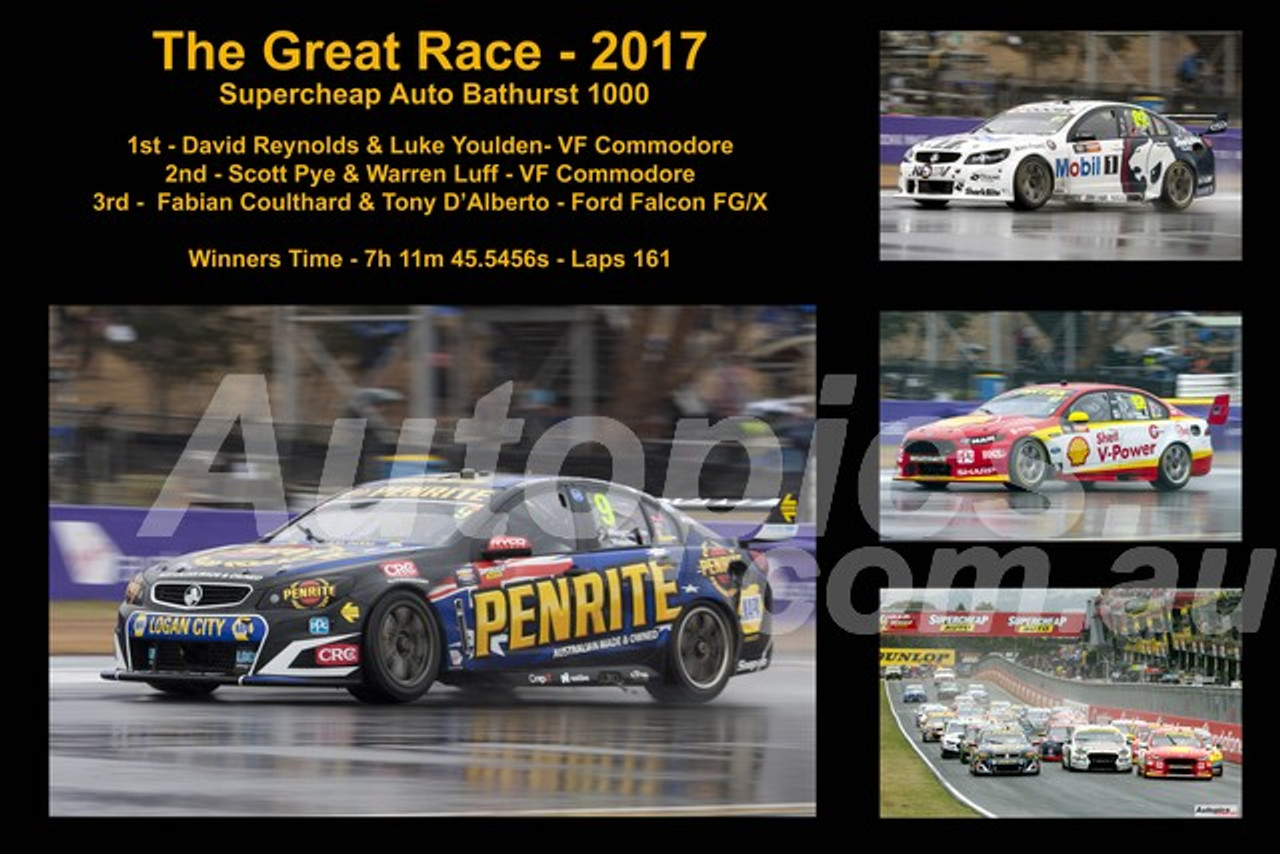 648 - The Great Race 2017 - A collage of 4 photos showing the first three place getters from  Bathurst 2017 with winners time and laps completed.
