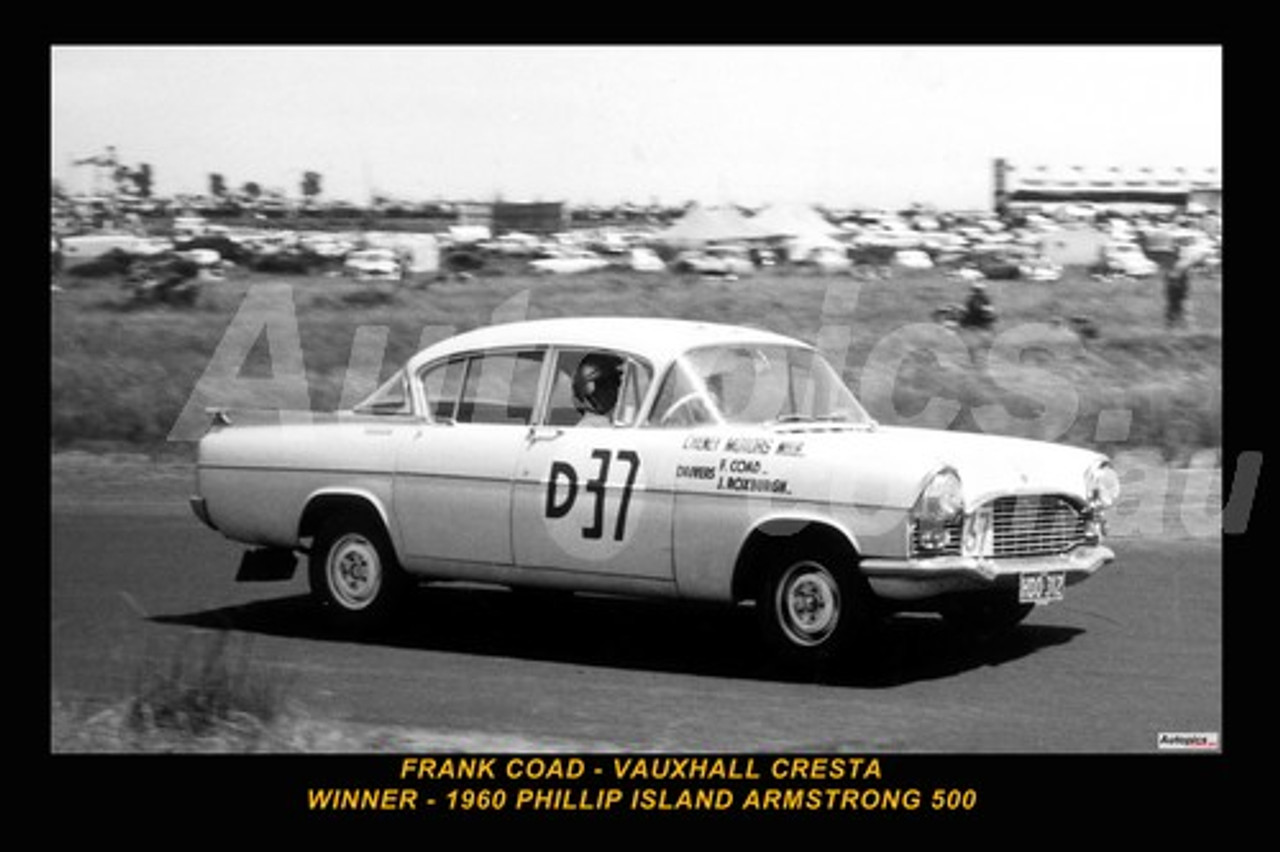 60701-1 - Frank Coad / John Roxburgh Vauxhall Cresta - Winner of the First Armstrong 500 Phillip Island 1960 - Printed with a black border and a caption discribing the photo.