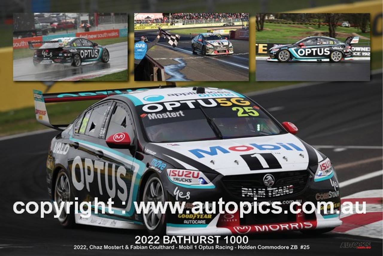 254 - Chaz Mostert & Fabian Coulthard- Superimposition Poster - Bathurst 1000 - 2022 - Holden Commodore ZB - Mobil 1 Optus Racing,  Car 25 