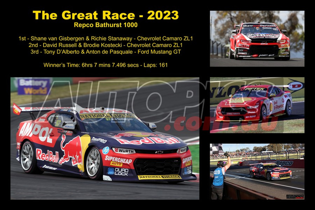 664 - The Great Race 2023 - A Collage of 4 photos showing the first three place getters from Repco Bathurst 1000, 2023 with winners time and laps completed.