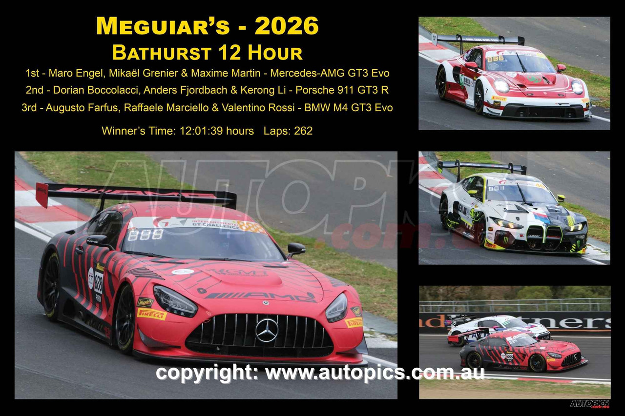 26401-1 - Meguiar's Bathurst 12 Hour, Mount Panorama, 2026 - A Collage of the First Three Place Getters 