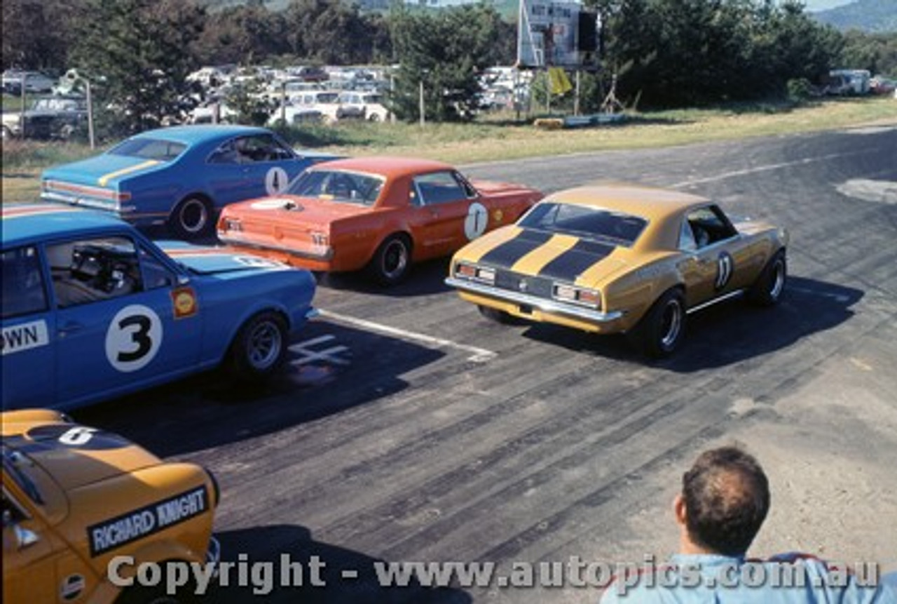 69070 - Beechey  HK GTS 327 Holden Monaro  - Jane Ford Mustang - Thomson Chev Camaro - McKeown Lotus Cortina - R. Knight Morris Cooper S - Hume Weir 28th September 1969 - Photographer Jeff Nield