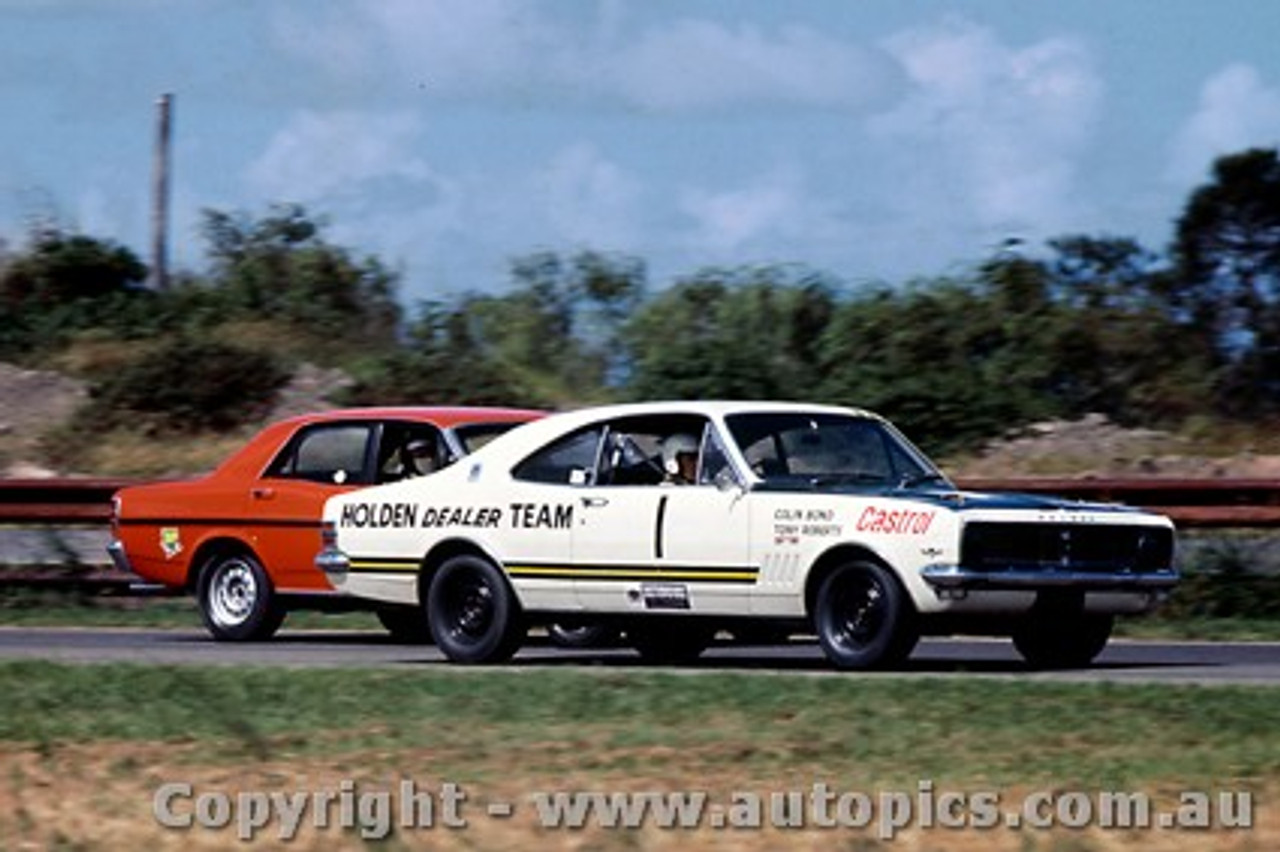 70263 - C. Bond / T. Roberts  Holden Monaro GTS 350 & Fred Gibson Ford Falcon XY GTHO - Surfers Paradise 8th February 1970 - Photographer Jeff Nield