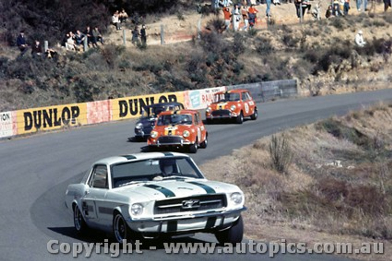 68195 - Ian  Pete  Geoghegan - Ford Mustang - B. Foley / P. Barnes / L. Stewart - Morris Cooper S - Catalina Park Katoomba 9th June 1968  - Photographer Lance J Ruting