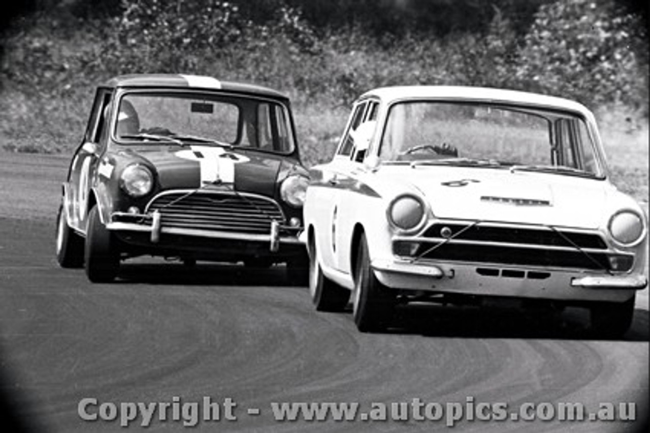 67084 - C. Brauer Lotus Cortina / T. Meehan Morris Cooper S - Warwick Farm 3rd December 1967  - Photographer Lance J Ruting