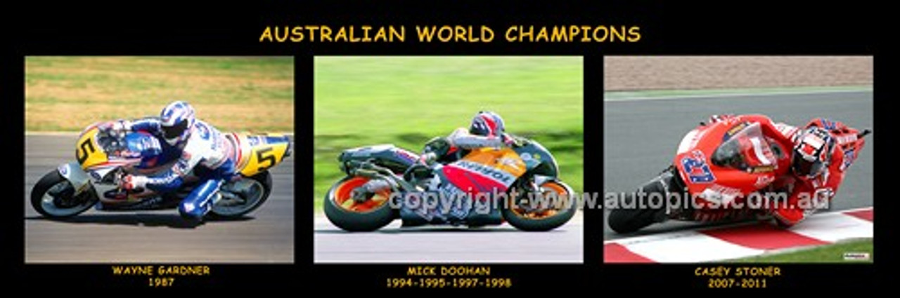 Australian Motor Bike World Champions -  - Wayne Gardner - Mick Doohan - Casey  Stoner  - 30x10 inches  Panoramic