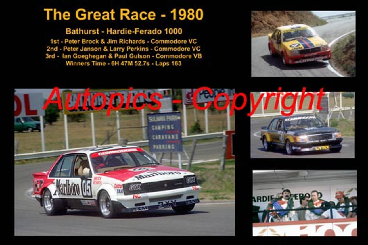 611 - The Great Race 1980 - A collage of the first three place getters from  Bathurst 1980 with winners time and laps completed. Brock / Richards Commodore VC - Janson / Perkins Commodore VC - Geoghegan / Gulson Commodore VB