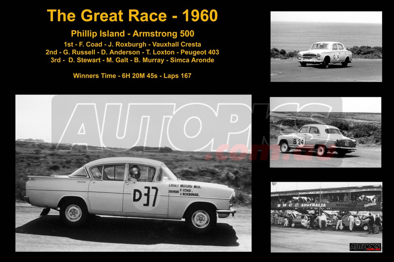 591 - The Great Race 1960 - A collage of the first three place getters from  Phillip Island 1960 with winners time and laps completed. 