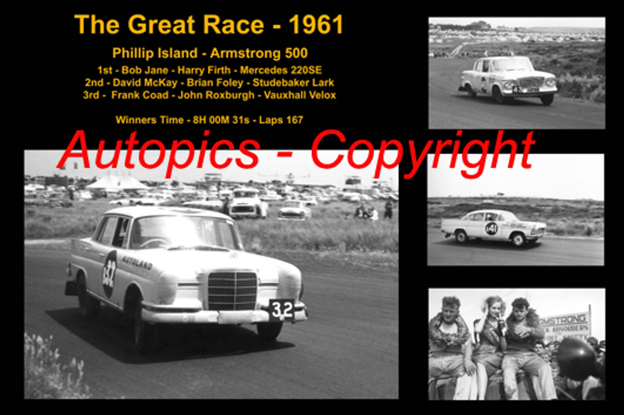 592 - The Great Race 1961 - A collage of the first three place getters from  Phillip Island 1961 with winners time and laps completed. Firth / Jane Mercedes 220SE McKay / Foley / Studebaker Lark Coad / Roxburgh Vauxhall Velox