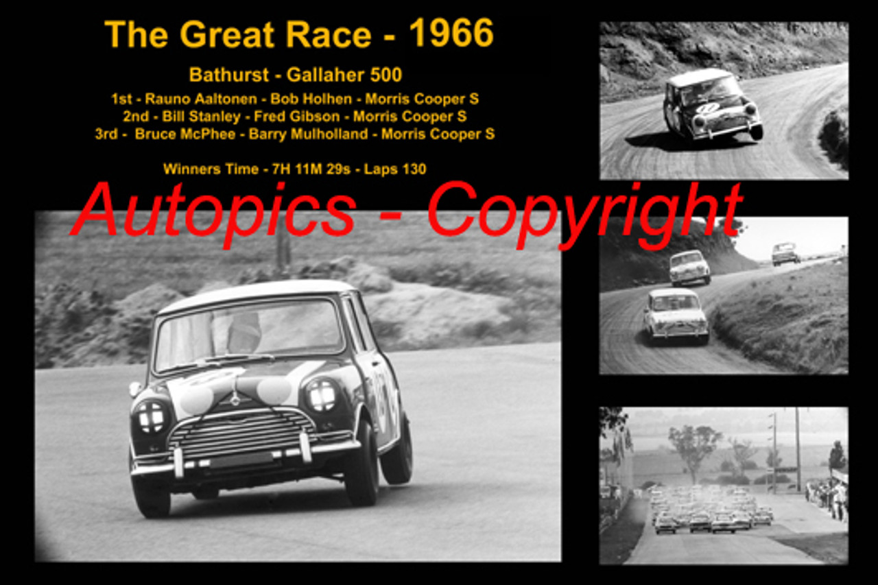 597 - The Great Race 1966 - A collage of the first three place getters from  Bathurst 1966 with winners time and laps completed.