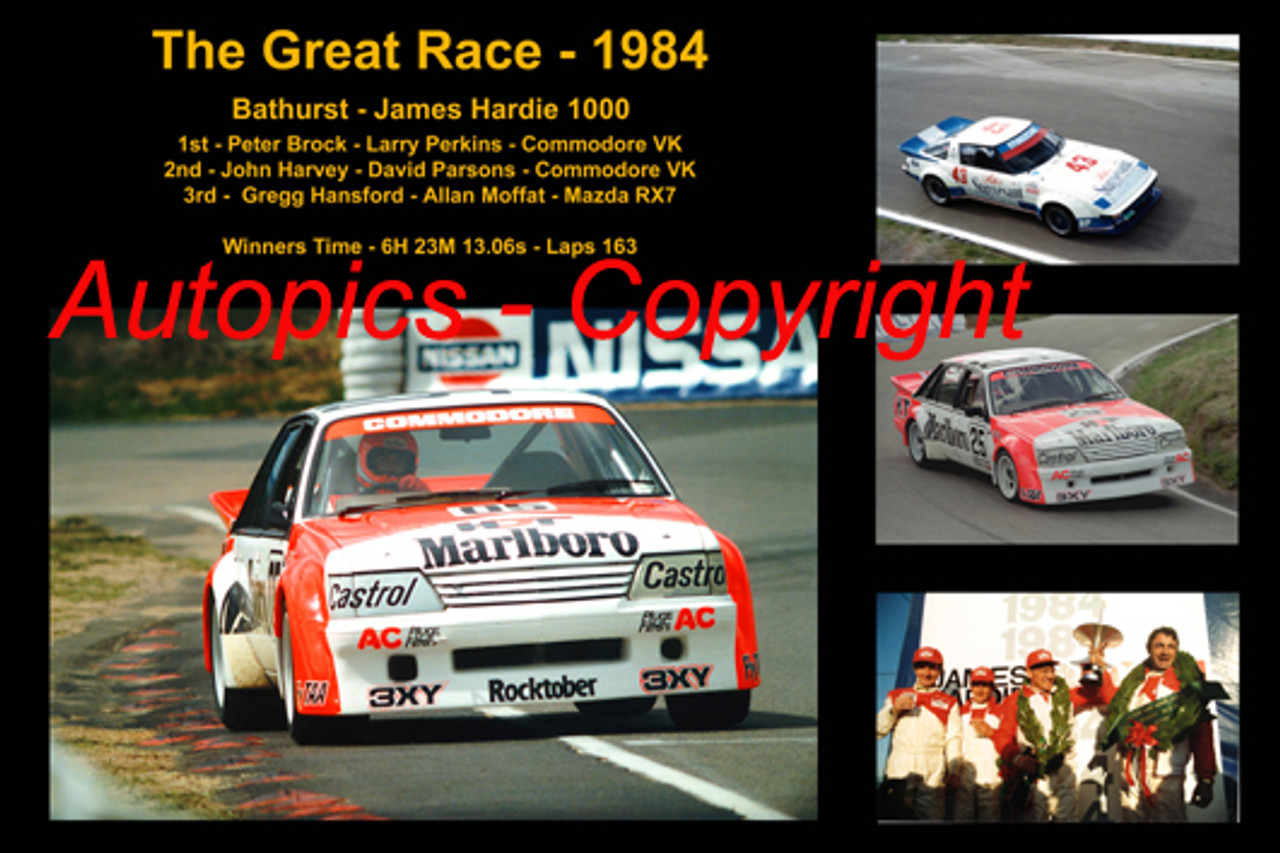 615 - The Great Race 1984 - A collage of the first three place getters from  Bathurst 1984 with winners time and laps completed.