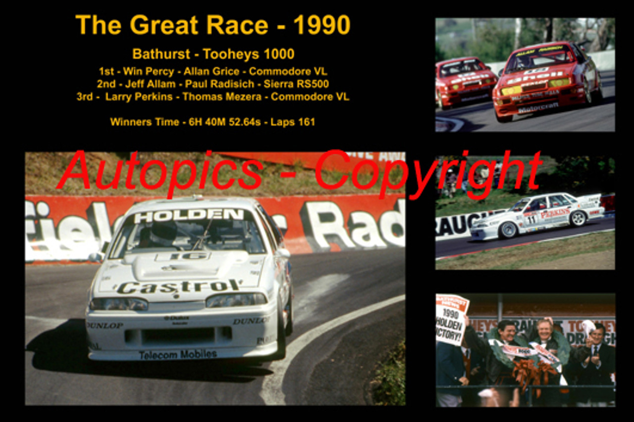 621 - The Great Race 1990 - A collage of the first three place getters from  Bathurst 1990 with winners time and laps completed.