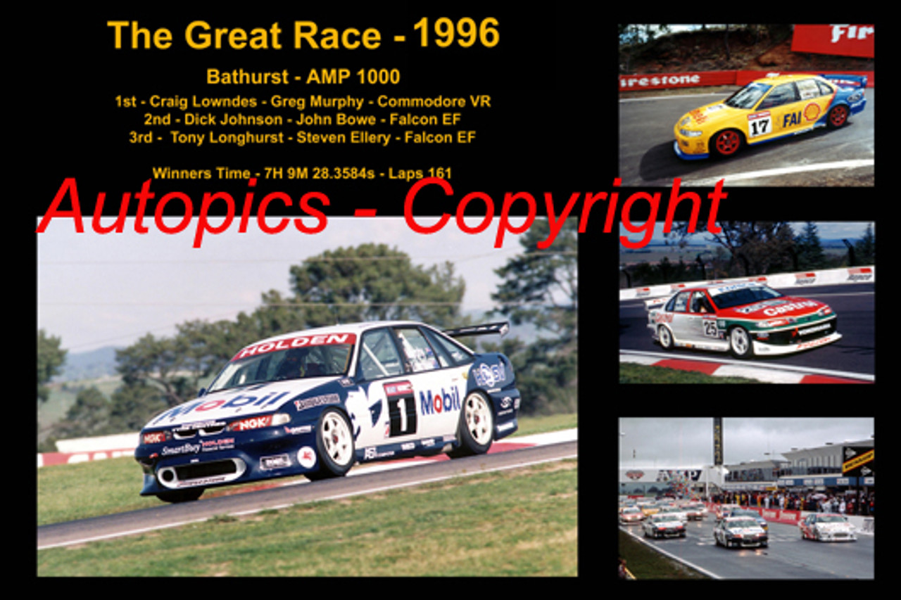 627 - The Great Race - 1996 - A Collage of Four Photos Showing the First Three Place Getters from  Bathurst, 1996 With Winners Time and Laps Completed.