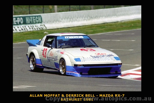 Allan Moffat / Derek Bell   Mazda RX7  -  Bathurst 1981   - Printed with a black border and a caption describing the photo.