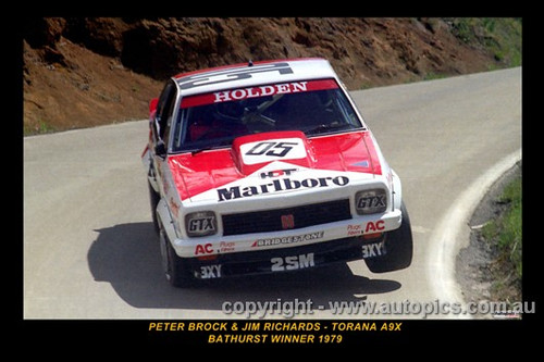 79701-1  -  P. Brock / J. Richards  -  Bathurst 1979 - 1st Outright & Class A Winner - Holden Torana A9X - Printed with a black border and a caption describing the photo.