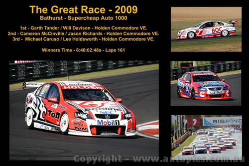 The Great Race 2009 - A collage of 4 photos showing the first three place getters from  Bathurst 2009 with winners time and laps completed.