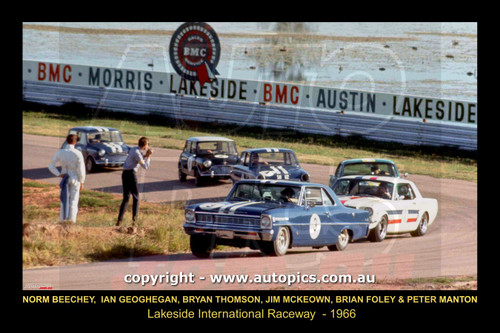 66035-1 - Norm Beechey, Nova also Ian Geoghegan, Mustang also Bryan Thomson, Mustang also Jim McKeown, Cortina, also Brian Foley, Morris Cooper S & Peter Manton, Morris Cooper S - Lakeside International Raceway, 1966