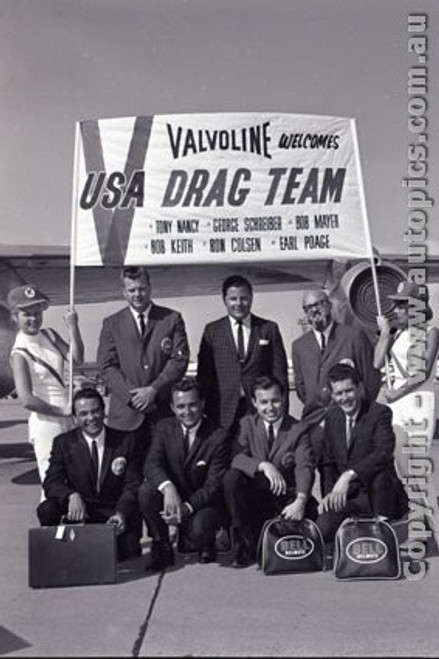 66921 - The USA Drag Team arriving at Sydney Airport 1966 - T. Nancy, B. Mayer, B. Keith, R. Colsen, E. Poage, G. Schreiber & E. Roth - Photographer Lance J Ruting