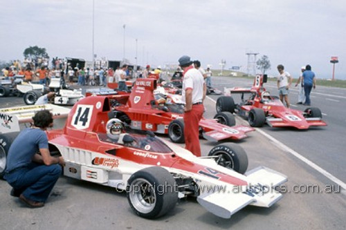 76657 - Graeme Lawrence - Lola T332,  Ken Smith  Lola T330 & Kevin Bartlett - Lola T400 - Oran Park Tasman Series 1976 - Photographer Lance J Ruting