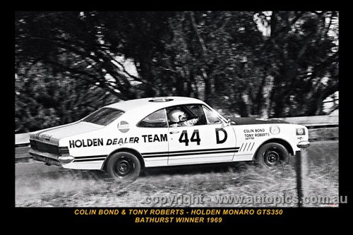 Colin Bond & Tony Roberts, Holden Monaro GTS350 - Bathurst Winner 1969 - Printed with a black border and a caption describing the photo.