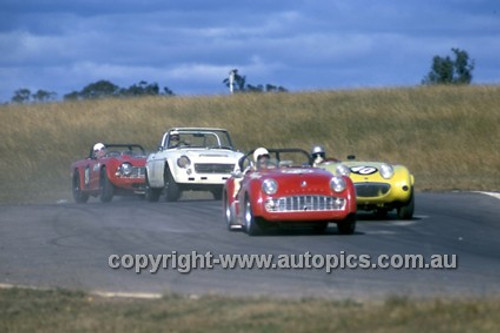 B. Scott, Triumph TR3A, J. Allery, Sprite, R. Carter Datsun SR311 - Oran Park 1969 - Photographer Russell Thorncraft (Slightly out of focus)