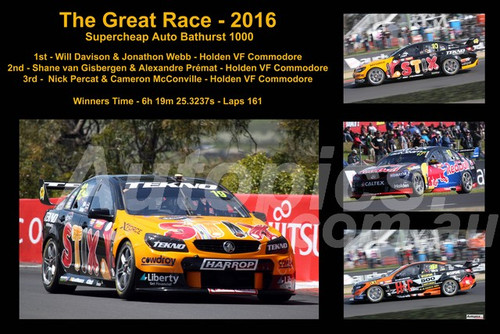 647 - The Great Race 2016 - A collage of 4 photos showing the first three place getters from  Bathurst 2016 with winners time and laps completed.