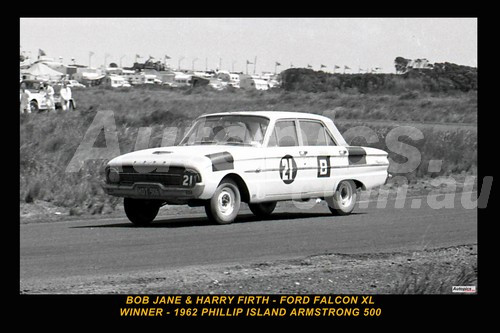 62750-1 - Harry Firth and Bob Jane - Ford Falcon XL - Winner of the Armstrong 500 - Phillip Island 1962 - Photographer Peter D'Abbs  - Printed with a black border and a caption discribing the photo.